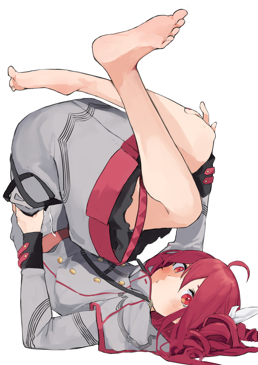 1girl, :o, ahoge, barefoot, blush, bow, feet, foot_focus