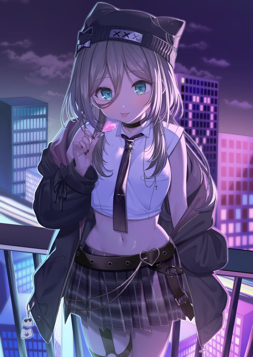 1girl, against_railing, animal_hat, beanie, belly_chain, belt, black_choker, black_hat