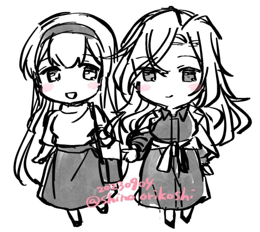 2girls, bag, chibi, dress, full_body, hairband, handbag, hornet_(jal)_(kancolle)