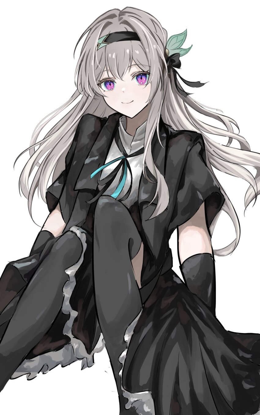 1girl, black_gloves, black_hairband, black_jacket, black_skirt, black_thighhighs, closed_mouth, firefly_(honkai:_star_rail)