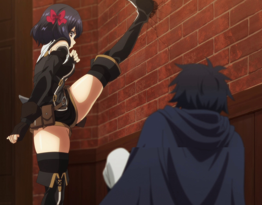 1boy, 1girl, anime_screenshot, ass, black_hair, black_shorts, black_thighhighs, blue_eyes