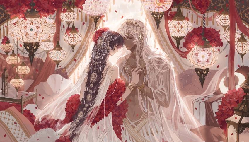 1boy, 1girl, abs, absurdres, bead_bracelet, beads, black_hair, bracelet