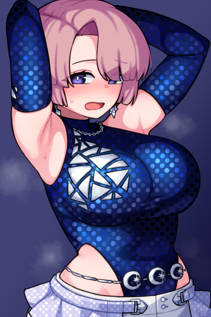 1girl, arimura_mao, armpits, arms_behind_head, arms_up, asymmetrical_bangs, blue_leotard, blush