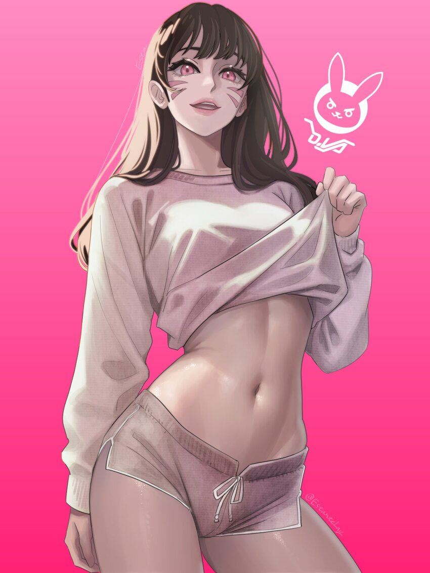 1girl, arm_at_side, artist_name, brown_hair, character_name, clothes_lift, cowboy_shot, d.va_(overwatch)