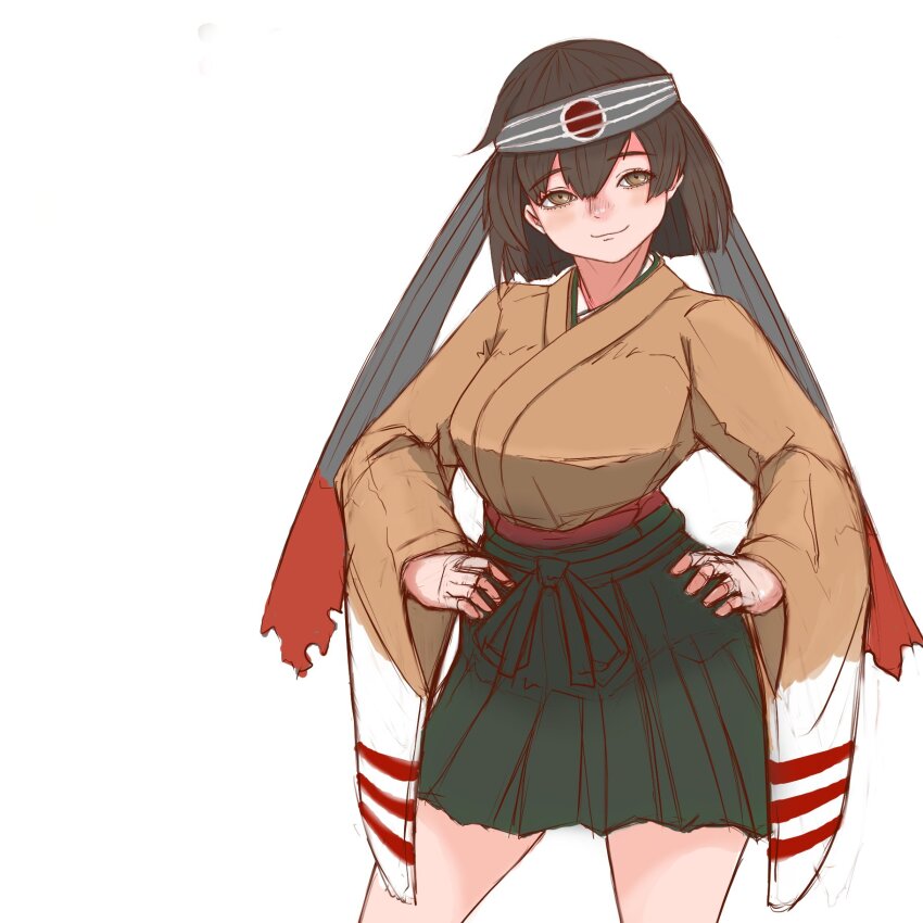 1girl, atm87, brown_eyes, brown_hair, brown_kimono, commentary_request, green_hakama, hachimaki