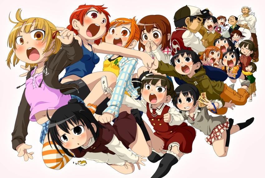 6+boys, 6+girls, :d, antenna_hair, black_legwear, blush, chiba_yuudai, chikubi