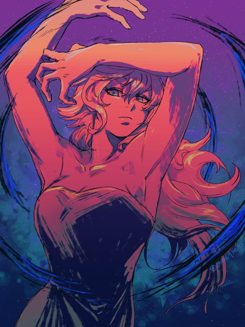 1girl, armpits, arms_up, artist_name, blue_eyes, breasts, cleavage, come9re95