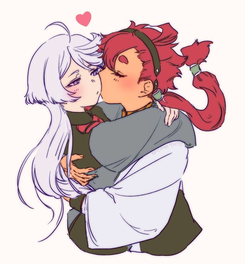 2girls, ahoge, asticassia_school_uniform, closed_eyes, come9re95, cropped_torso, grey_shirt, gundam