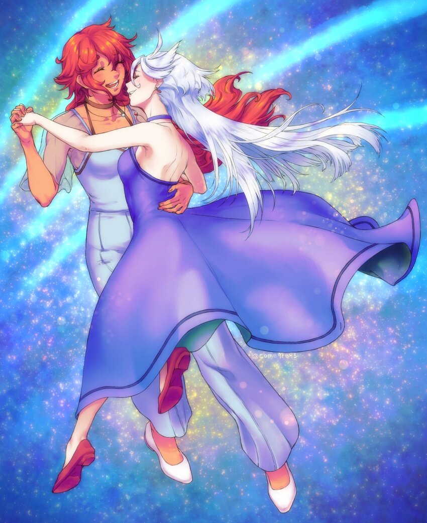 2girls, choker, closed_eyes, come9re95, dancing, dress, earrings, gundam