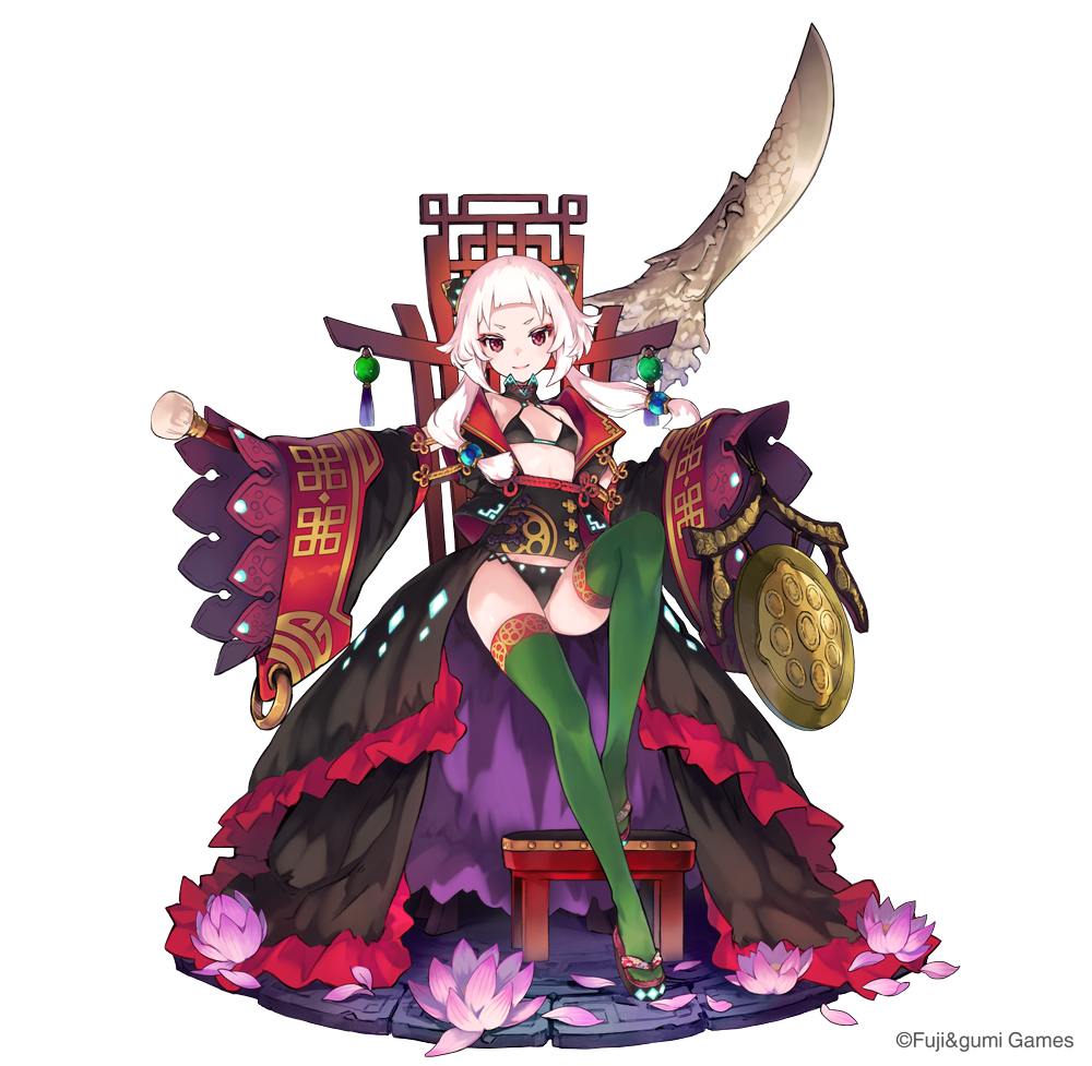 1girl, bikini, black_bikini, breasts, closed_mouth, company_name, detached_sleeves, flower, full_body, green_thighhighs, hair_ornament, long_hair, looking_at_viewer, lotus, mei_fang_(ta_ga_tame_no_alchemist), naginata, official_art, polearm, red_eyes, rinzo, second-party_source, simple_background, sitting, small_breasts, smile, solo, swimsuit, ta_ga_tame_no_alchemist, thighhighs, weapon, white_background, white_hair