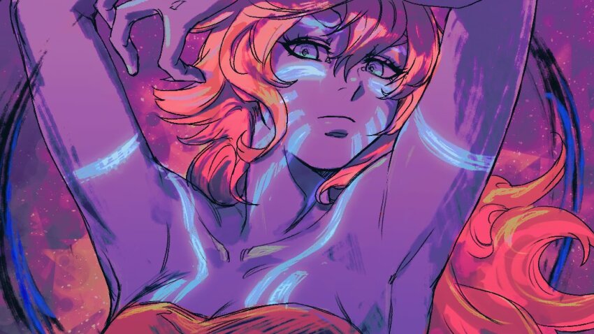 1girl, armpits, arms_up, blue_eyes, breasts, cleavage, come9re95, commentary_request