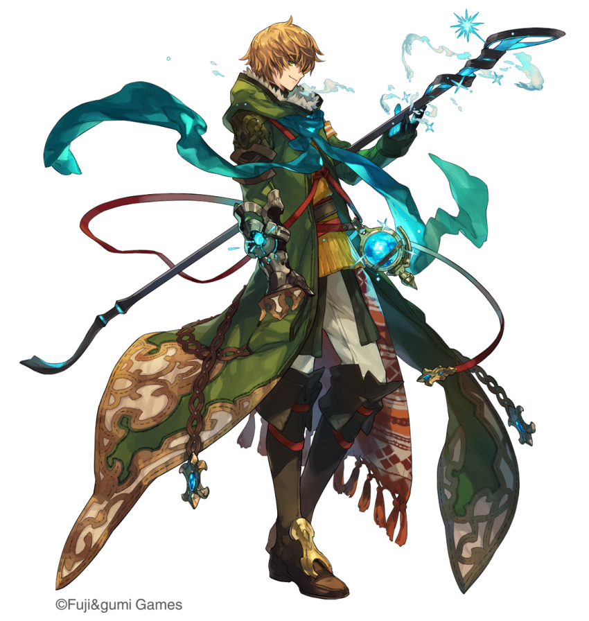 aqua_scarf, blonde_hair, boots, company_name, da-kuro, floating_scarf, from_side, full_body