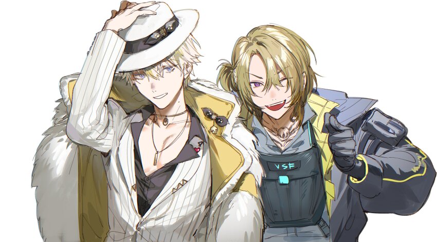2boys, ;d, absurdres, arm_pouch, arm_up, black_gloves, black_shirt, blonde_hair