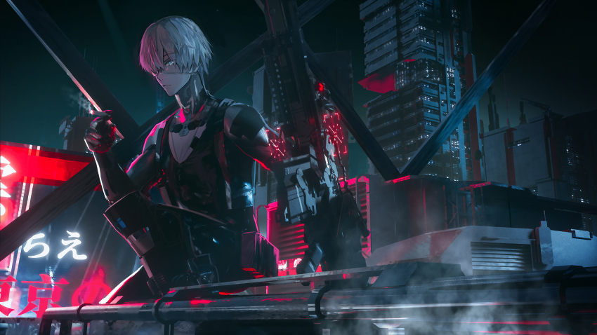 1boy, absurdres, cigarette, highres, japanese_text, lee:_entropy_(ashen_end)_(pgr), lee_(pgr), night, official_alternate_costume, punishing:_gray_raven, seymour62486926, sky, smoking, solo, solo_focus