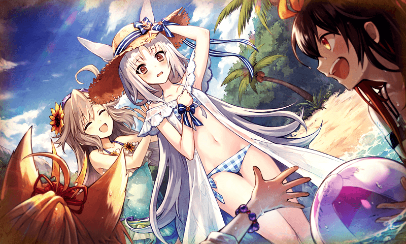 4girls, almira_(ta_ga_tame_no_alchemist), animal_ears, ball, beach, beachball, bikini, blue_sky, commentary_request, day, flower, grey_hair, hair_flower, hair_ornament, hand_on_headwear, hat, holding, holding_ball, holding_beachball, long_hair, multiple_girls, ocean, official_art, open_mouth, palm_tree, profile, rabbit_ears, rabbit_girl, rin_(ta_ga_tame_no_alchemist), second-party_source, sharon_(swimsuit)_(ta_ga_tame_no_alchemist), sharon_(ta_ga_tame_no_alchemist), sky, straw_hat, sunflower, swimsuit, ta_ga_tame_no_alchemist, teeth, tree, upper_teeth_only, very_long_hair
