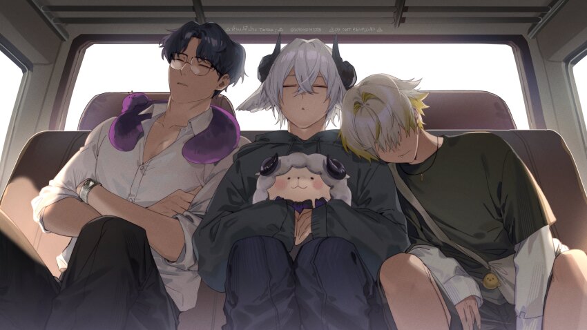 3boys, :o, absurdres, algorhythm_project, animal_ears, artist_name, baabel_(algorhythm_project), black_hair, black_horns, black_pants, black_shirt, black_shorts, blonde_hair, blue_pants, buttons, car_interior, closed_eyes, collarbone, collared_shirt, commentary, covered_eyes, crossed_arms, crossed_bangs, curled_horns, dacapo_(algorhythm_project), drawstring, glasses, grey_hair, grey_hoodie, hair_between_eyes, hair_intakes, hair_over_eyes, head_on_another's_shoulder, highres, hood, hood_down, hoodie, horns, jewelry, kaohom503, layered_sleeves, long_sleeves, male_focus, multicolored_hair, multiple_boys, neck_pillow, necklace, orion_(algorhythm_project), pants, parted_bangs, parted_lips, pectoral_cleavage, pectorals, puffy_long_sleeves, puffy_sleeves, schneider_(algorhythm_project), seatbelt, sheep_boy, sheep_ears, sheep_horns, shirt, short_hair, short_over_long_sleeves, short_sleeves, shorts, sitting, sleeping, sleeping_on_person, sleeping_upright, sleeves_past_wrists, sleeves_rolled_up, streaked_hair, sweater, untranslatable_commentary, twitter_username, virtual_youtuber, watch, watermark, white_hair, white_shirt, white_sweater, wing_collar, wristwatch