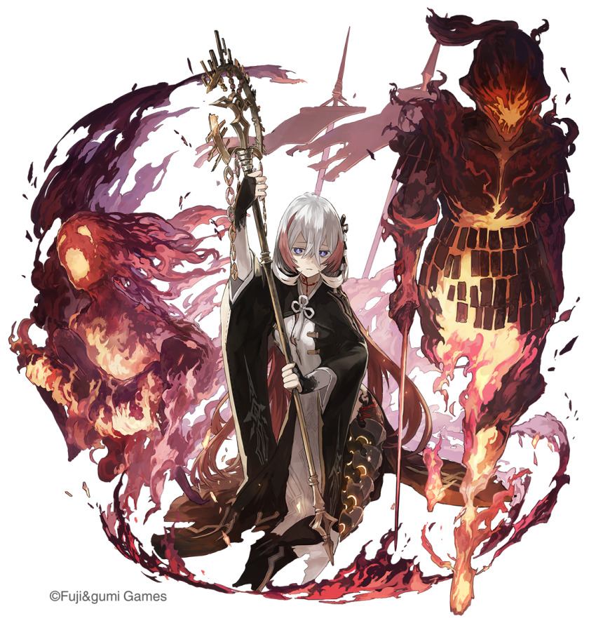 1girl, black_kimono, blue_eyes, closed_mouth, commentary_request, full_body, fury_(ta_ga_tame_no_alchemist), ghost, grey_hair, hair_between_eyes, highres, holding, holding_staff, holding_sword, holding_weapon, japanese_clothes, kimono, looking_at_viewer, official_art, polearm, second-party_source, simple_background, solo, spear, staff, sword, ta_ga_tame_no_alchemist, transparent_background, watarubou, weapon