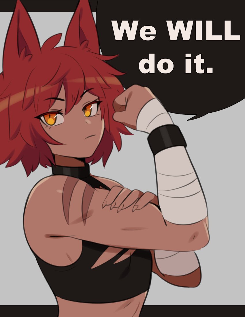 1girl, absurdres, bandaged_arm, bandages, commentary, crop_top, dark-skinned_female, dark_skin