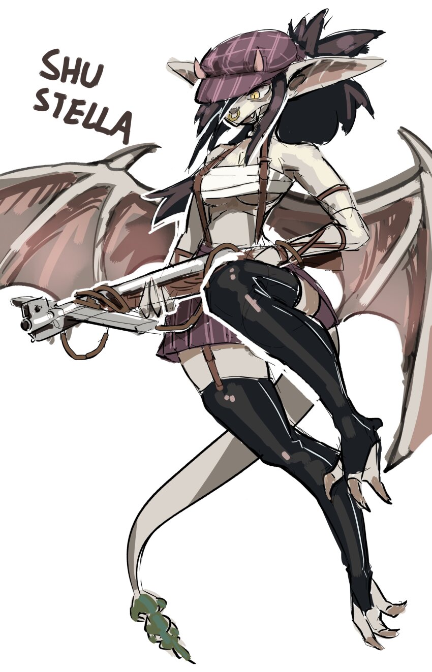 1girl, absurdres, artist_name, bow_(weapon), breasts, brown_hair, crossbow, deadlock_(game), face_piercing, fang, full_body, highres, holding, holding_crossbow, holding_weapon, horns, ivy_(deadlock), long_hair, medium_breasts, nose_piercing, piercing, pointy_ears, purple_skirt, ring_piercing, sarashi, sharp_teeth, shu-stella, simple_background, skirt, solo, stirrup_legwear, tail, teeth, toeless_legwear, weapon, white_background, wings, yellow_eyes