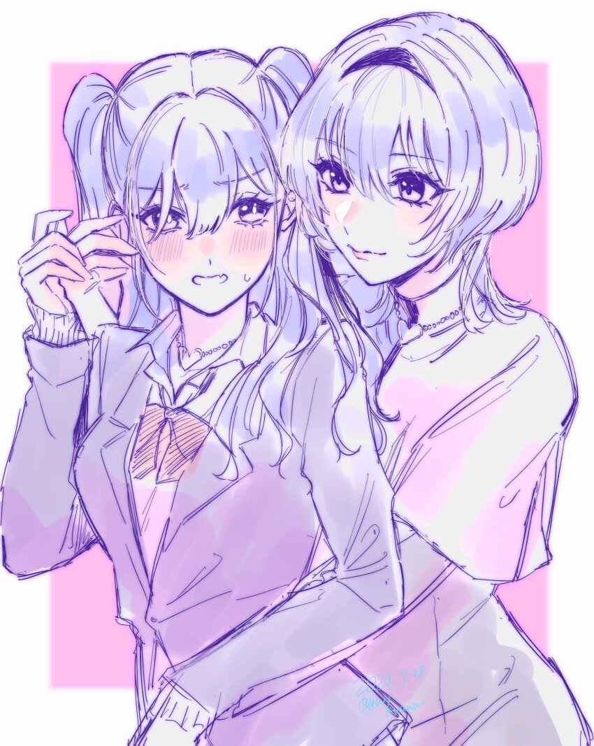 2.5_jigen_no_ririsa, 2girls, asymmetrical_bangs, blush, breasts, couple, fanged_bangs, hair_between_eyes, hana_tsubaki_(2.5_jigen_no_ririsa), highres, hug, hug_from_behind, long_hair, long_sleeves, looking_at_another, multiple_girls, open_mouth, school_uniform, shirt, short_hair, simple_background, small_breasts, smile, tachibana_mikari, wavy_hair, yuri, yuri_kyanon