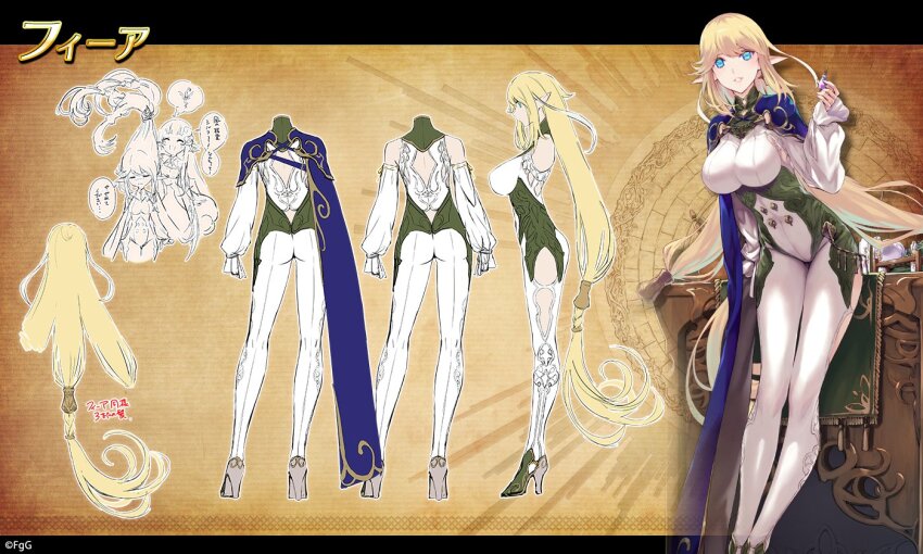 1girl, aqua_eyes, ass, blonde_hair, breasts, brown_background, character_name, reference_sheet