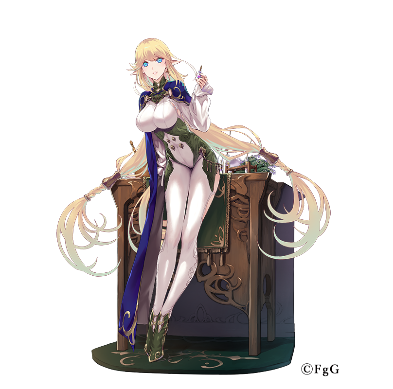 1girl, aqua_eyes, arm_support, blonde_hair, breasts, carpet, covered_navel, desk