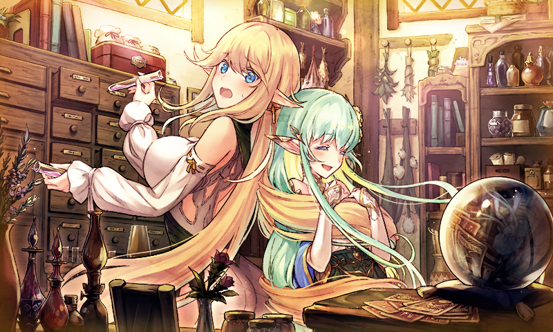 2girls, ^_^, ainanna_(ta_ga_tame_no_alchemist), blonde_hair, blush, book, bookshelf, breasts, closed_eyes, commentary_request, detached_sleeves, dried_flower, holding, holding_test_tube, indoors, large_breasts, long_hair, multiple_girls, official_alternate_costume, official_art, open_mouth, orb, pointy_ears, scroll, second-party_source, smile, sweatdrop, ta_ga_tame_no_alchemist, test_tube, vase, very_long_hair, vier_(ta_ga_tame_no_alchemist)