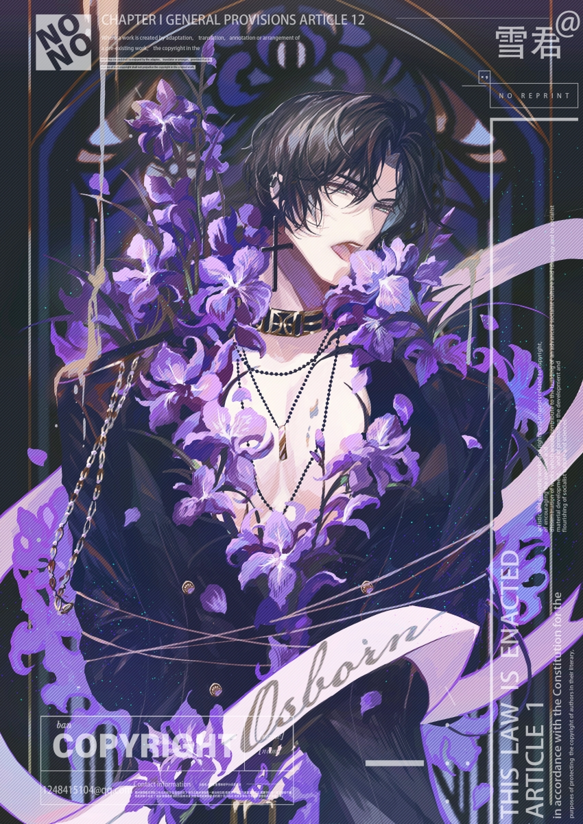 1boy, absurdres, aqua_eyes, arms_behind_back, black_collar, black_hair, black_jacket, black_shirt