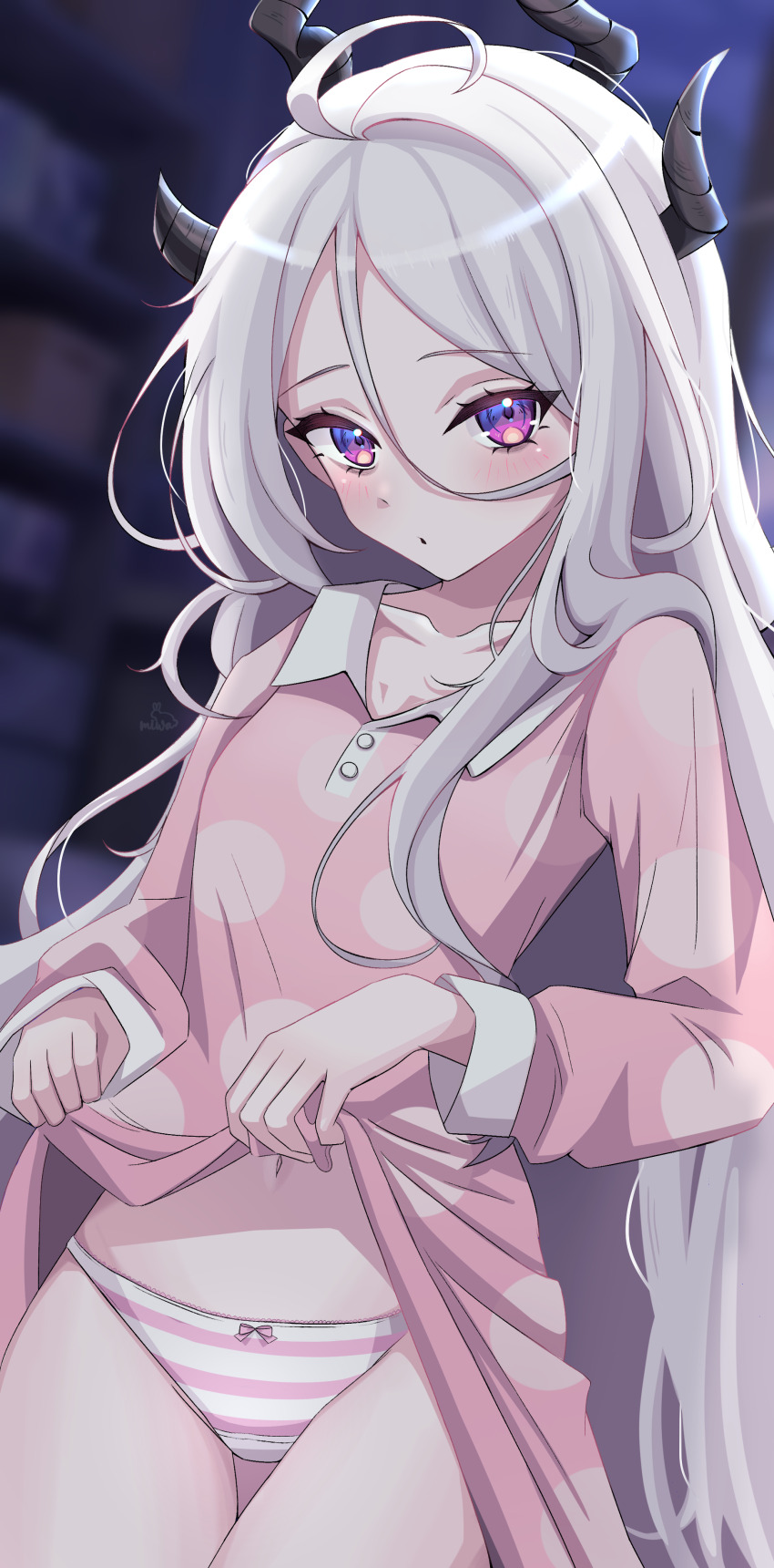 absurdres, ahoge, black_horns, blue_archive, clothes_lift, dark, demon_girl, demon_horns, forehead, highres, hina_(blue_archive), horns, long_hair, miwa_(miwapeito), multiple_horns, pajamas, panties, parted_bangs, pink_pajamas, pink_panties, polka_dot, polka_dot_pajamas, purple_eyes, sleepwear, striped_clothes, striped_panties, underwear, very_long_hair, white_hair