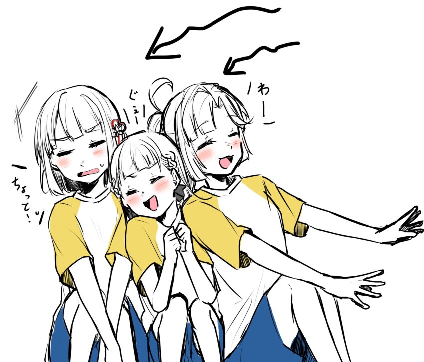 3girls, :d, anyoji_hime, arrow_(symbol), black_bow, blue_shorts, blunt_bangs, blunt_ends