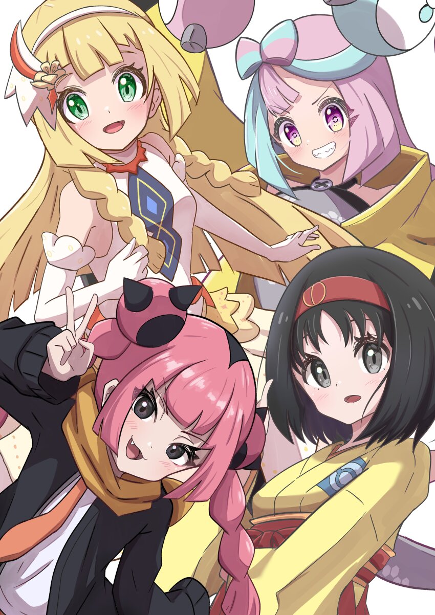 4girls, :d, absurdres, bare_shoulders, black_hair, blonde_hair, blue_hair, blush, bow-shaped_hair, braid, breasts, character_hair_ornament, commentary, coral_(pokemon), dress, elbow_gloves, erika_(pokemon), eyelashes, fang, gen_1_pokemon, gloves, green_eyes, grey_eyes, grey_pantyhose, hair_ornament, hairband, hakama, hand_up, highres, iono_(pokemon), jacket, japanese_clothes, kimono, lillie_(anniversary_2024)_(pokemon), lillie_(pokemon), long_hair, long_sleeves, looking_at_viewer, low-tied_long_hair, magnemite, multicolored_hair, multiple_girls, naranja_academy_school_uniform, necktie, nintendo, official_alternate_costume, open_mouth, orange_necktie, orange_shorts, oversized_clothes, pantyhose, pink_hair, pokemon, pokemon_(anime), pokemon_(creature), pokemon_firered_and_leafgreen, pokemon_horizons, pokemon_masters_ex, pokemon_scarlet_and_violet, red_hairband, rono_(lethys), scarf, school_uniform, sharp_teeth, shirt, short_hair, shorts, single_leg_pantyhose, sleeveless, sleeveless_dress, sleeves_past_fingers, sleeves_past_wrists, smile, split-color_hair, teeth, thighhighs, twin_braids, twintails, two-tone_hair, upper_body, v, white_dress, white_gloves, white_hairband, yellow_jacket, yellow_kimono