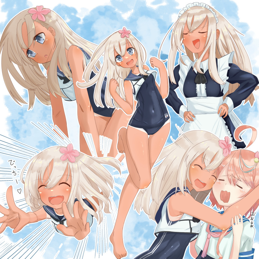 2girls, :d, absurdres, ahoge, alternate_costume, apron, bare_legs, black_neckerchief