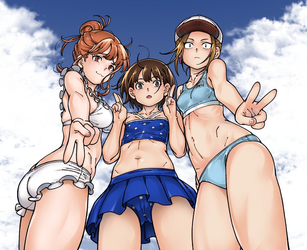 3girls, ass, baseball_cap, bikini, bikini_skirt, blue_bikini, boku_no_kokoro_no_yabai_yatsu, breasts