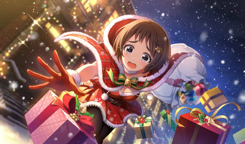 1girl, apron, belt, belt_buckle, black_pantyhose, blurry, box, brown_belt