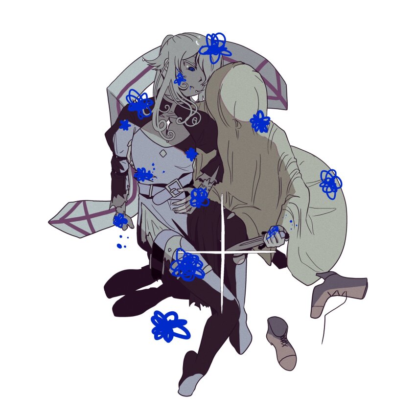 1girl, 1other, belt, black_dress, blue_eyes, colored_eyelashes, cross, dress