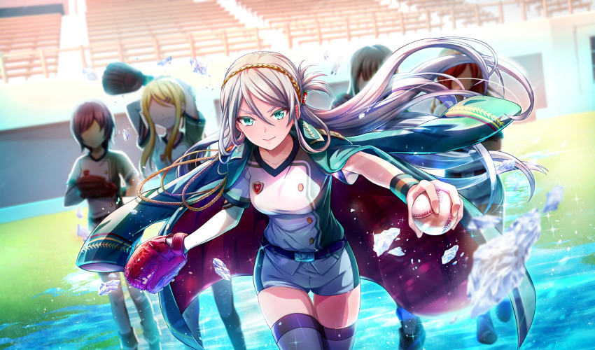 5girls, aura, ball, baseball_(object), baseball_glove, baseball_stadium, baseball_uniform, belt