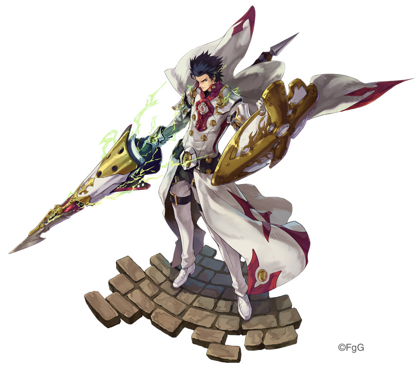 1boy, black_hair, buckle, closed_mouth, commentary_request, forehead, full_body, gerald_(ta_ga_tame_no_alchemist), gloves, highres, holding, holding_polearm, holding_shield, holding_weapon, jacket, lance, looking_at_viewer, male_focus, multicolored_jacket, official_art, pants, pavement, polearm, red_jacket, rinzo, second-party_source, shield, short_hair, solo, standing, ta_ga_tame_no_alchemist, transparent_background, two-tone_jacket, weapon, white_footwear, white_gloves, white_jacket, white_pants