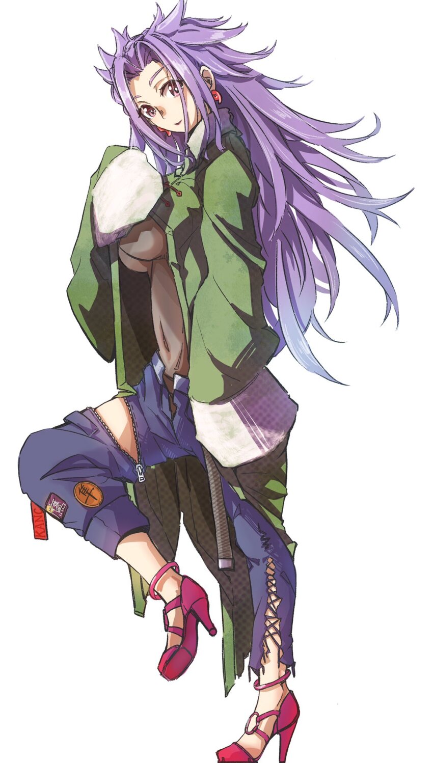 1girl, black_panties, blue_pants, boots, breasts, closed_mouth, coat, denim