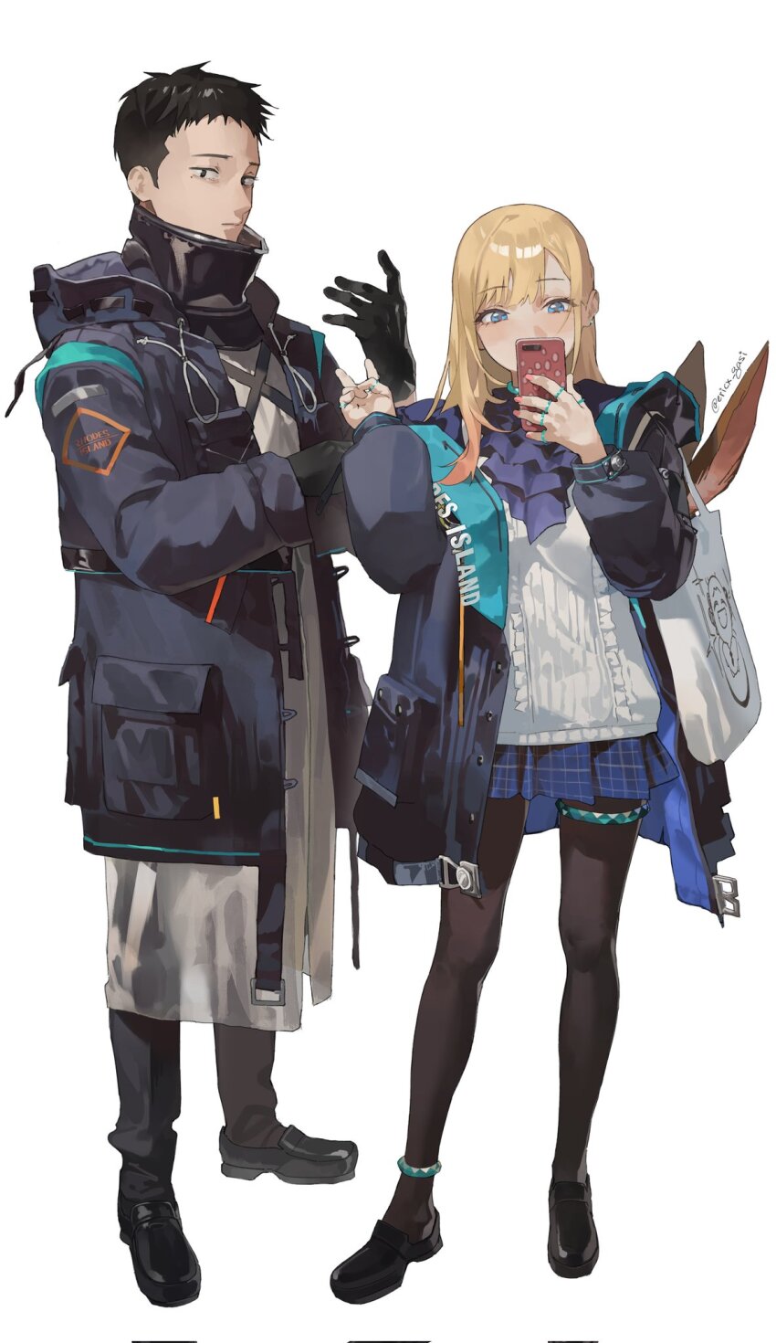 1boy, 1girl, adjusting_clothes, adjusting_gloves, amiya_(arknights), amiya_(arknights)_(cosplay), animal_ears, ankle_ring