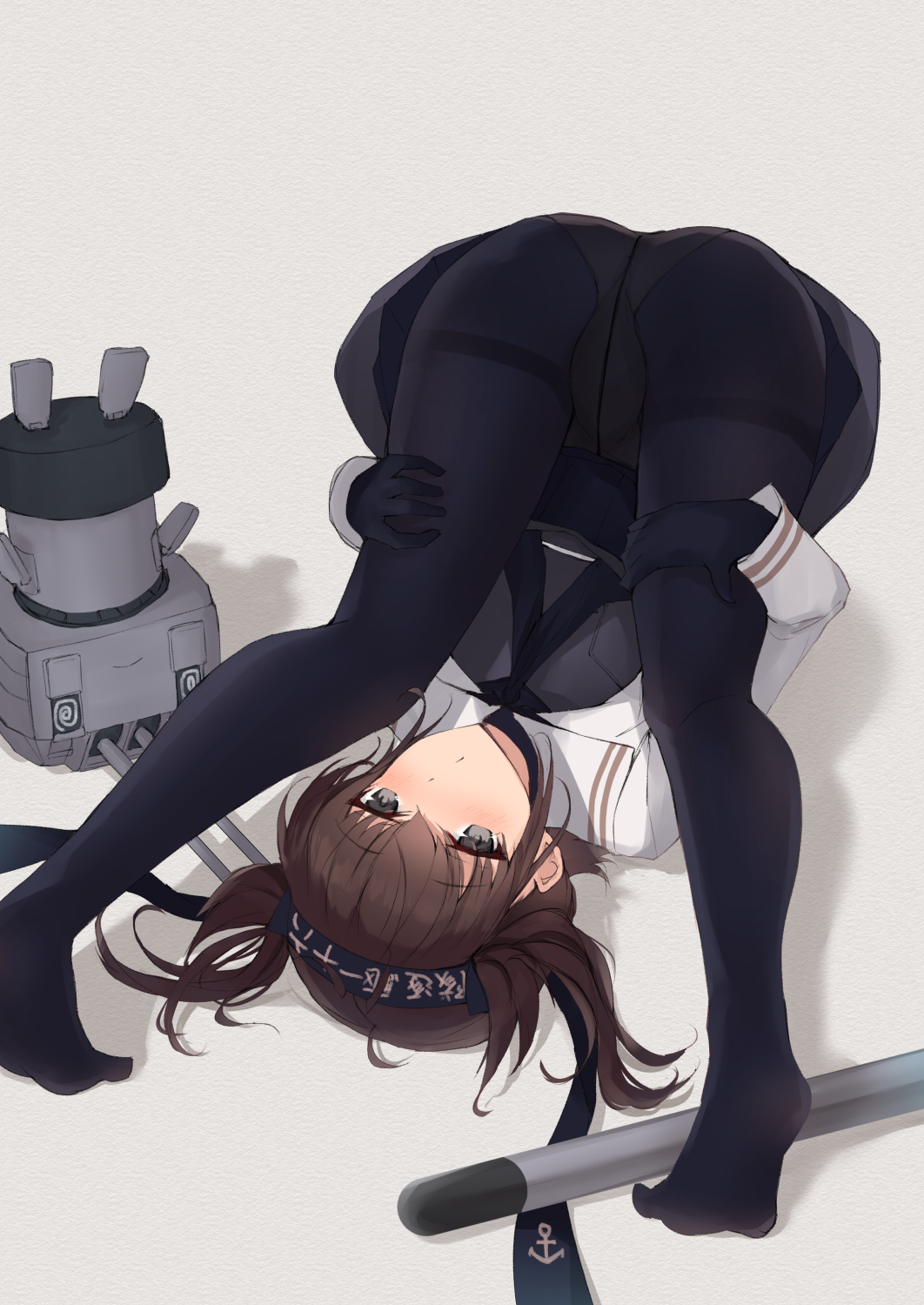 1girl, anchor_symbol, black_gloves, black_headband, black_pantyhose, black_sailor_collar, black_skirt, blush