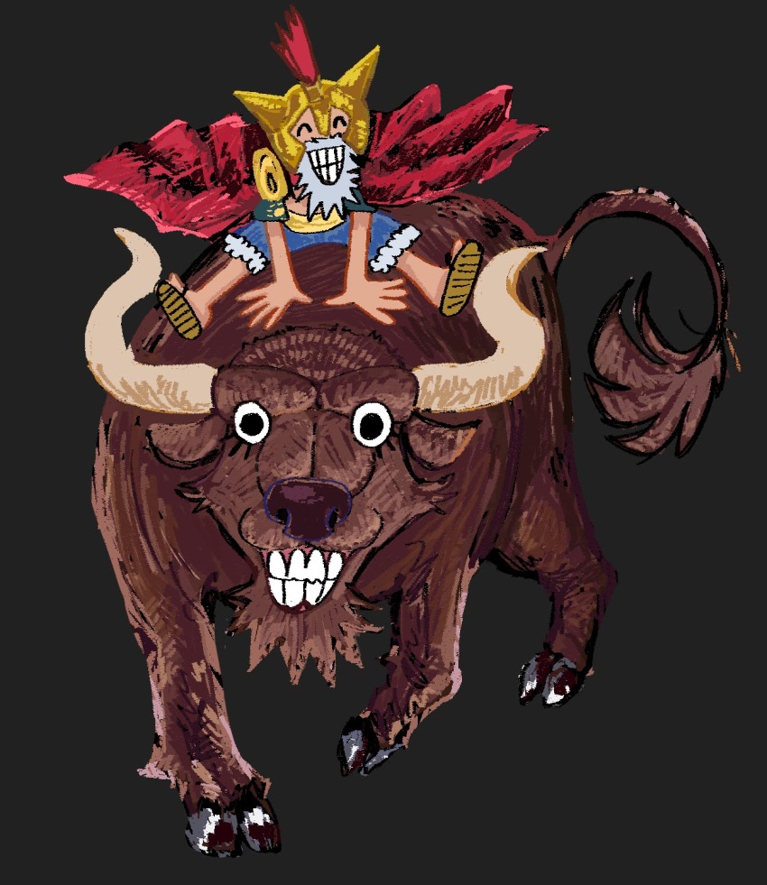 1boy, ^_^, black_background, black_eyes, brown_fur, bull, cape, closed_eyes, eyelashes, fake_beard, fake_facial_hair, gold_helmet, gomu_dakaraa, grin, helmet, highres, lucy_(one_piece), male_focus, monkey_d._luffy, one_piece, open_clothes, open_shirt, red_cape, riding, riding_animal, sash, shorts, simple_background, smile, solid_circle_pupils, teeth, walking, wide-eyed, yellow_sash