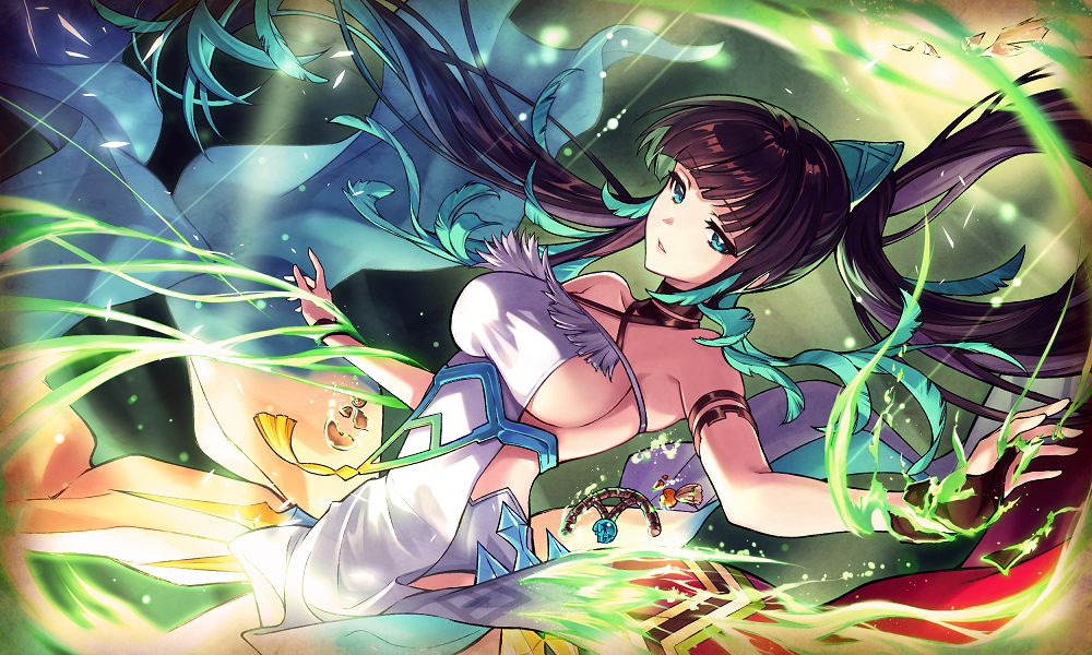 1girl, aqua_eyes, armpits, bare_shoulders, black_hair, blunt_bangs, breasts, brown_gloves, commentary_request, fingerless_gloves, floating_hair, gloves, long_hair, official_alternate_costume, official_art, parted_lips, ponytail, second-party_source, seida_(ta_ga_tame_no_alchemist), sideboob, solo, ta_ga_tame_no_alchemist, very_long_hair