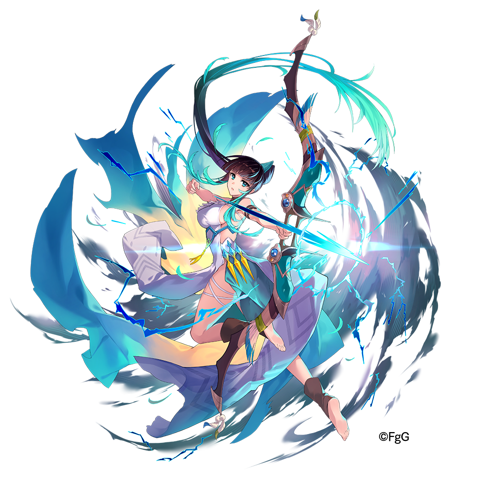 1girl, armpits, arrow_(projectile), barefoot, black_hair, bow_(weapon), breasts, expressionless