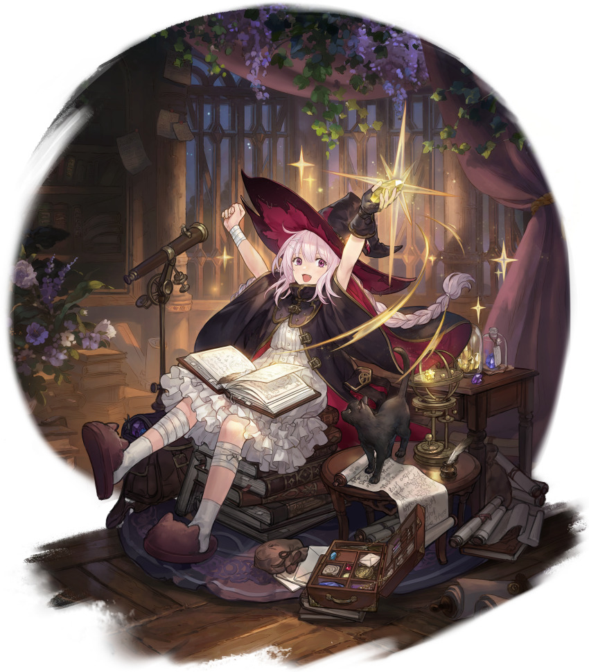1girl, :d, absurdres, animal_ear_footwear, arms_up, bandaged_leg, bandaged_wrist, bandages, bell_jar, beryl_(sword_of_convallaria), black_cat, black_coat, black_gloves, black_hat, book, book_on_lap, book_stack, bookshelf, border, braid, brown_bag, cat, center_frills, coat, curtains, dress, fading_border, fang, fingerless_gloves, flower, frills, full_body, game_cg, gem, gloves, glowing, hair_ornament, hands_up, hat, highres, holding, holding_gem, indoors, long_hair, long_sleeves, looking_at_viewer, monocular, night, official_art, open_book, open_box, open_mouth, purple_eyes, purple_flower, scroll, short_dress, single_glove, sky, slippers, smile, socks, solo, sparkle, sword_of_convallaria, table, third-party_source, transparent_background, twin_braids, very_long_hair, white_dress, white_hair, white_socks, wide_sleeves, window, wisteria, witch_hat, x_hair_ornament, yellow_gem