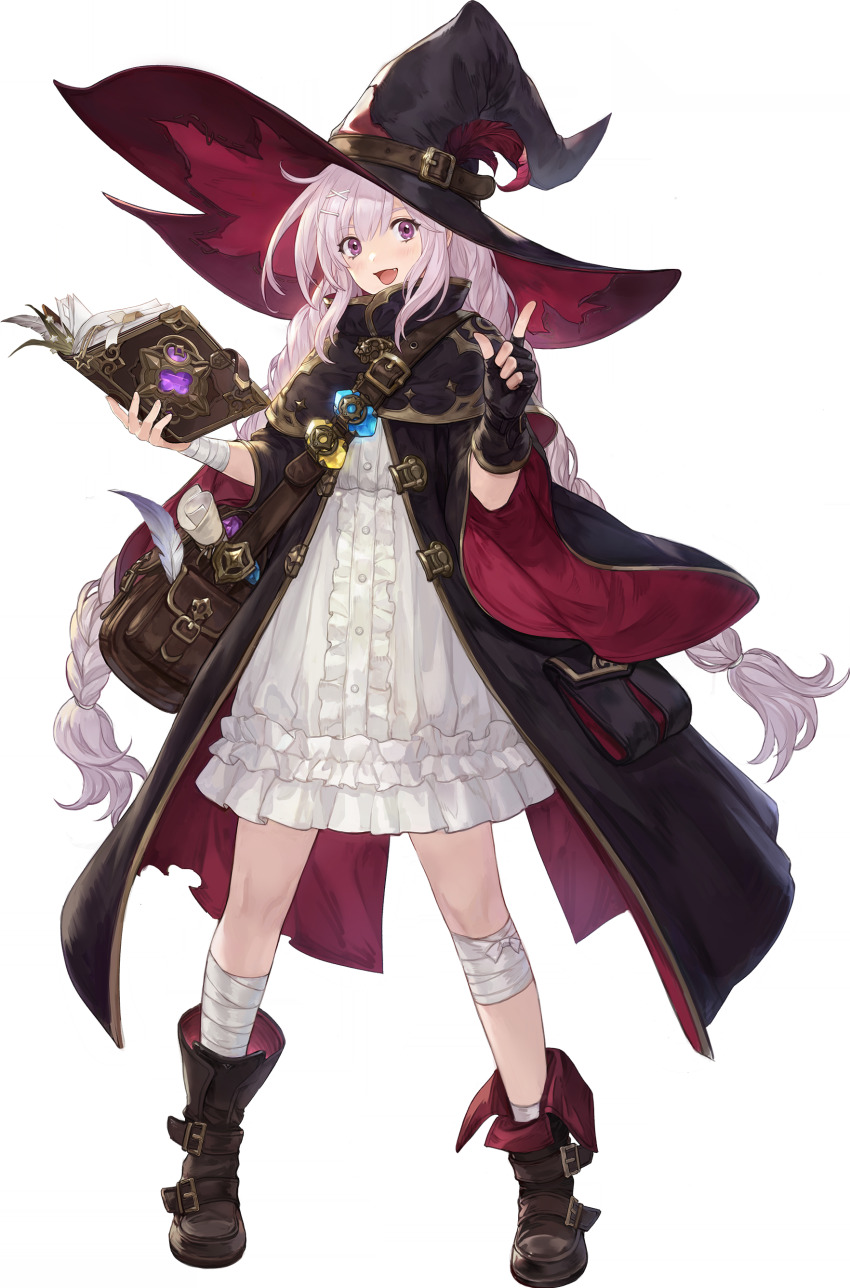 1girl, :d, absurdres, ankle_boots, bag, bandaged_leg, bandaged_wrist, bandages, beryl_(sword_of_convallaria), black_coat, black_gloves, black_hat, blue_gem, book, boots, braid, brown_bag, brown_boots, center_frills, coat, dress, fang, fingerless_gloves, frills, full_body, game_cg, gem, gloves, hair_ornament, hands_up, hat, highres, holding, holding_book, index_finger_raised, legs_apart, long_hair, long_sleeves, looking_at_viewer, official_art, open_book, open_mouth, purple_eyes, quill, scroll, short_dress, shoulder_bag, single_glove, smile, solo, standing, sword_of_convallaria, tachi-e, third-party_source, transparent_background, twin_braids, very_long_hair, white_dress, white_hair, wide_sleeves, witch_hat, x_hair_ornament, yellow_gem