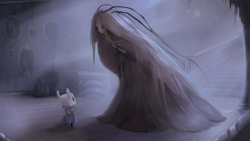 1boy, 1girl, height_difference, highres, hollow_eyes, hollow_knight, indoors, knight_(hollow_knight), layer, nail_(hollow_knight), pale_skin, sword, weapon, ze'mer_(hollow_knight)
