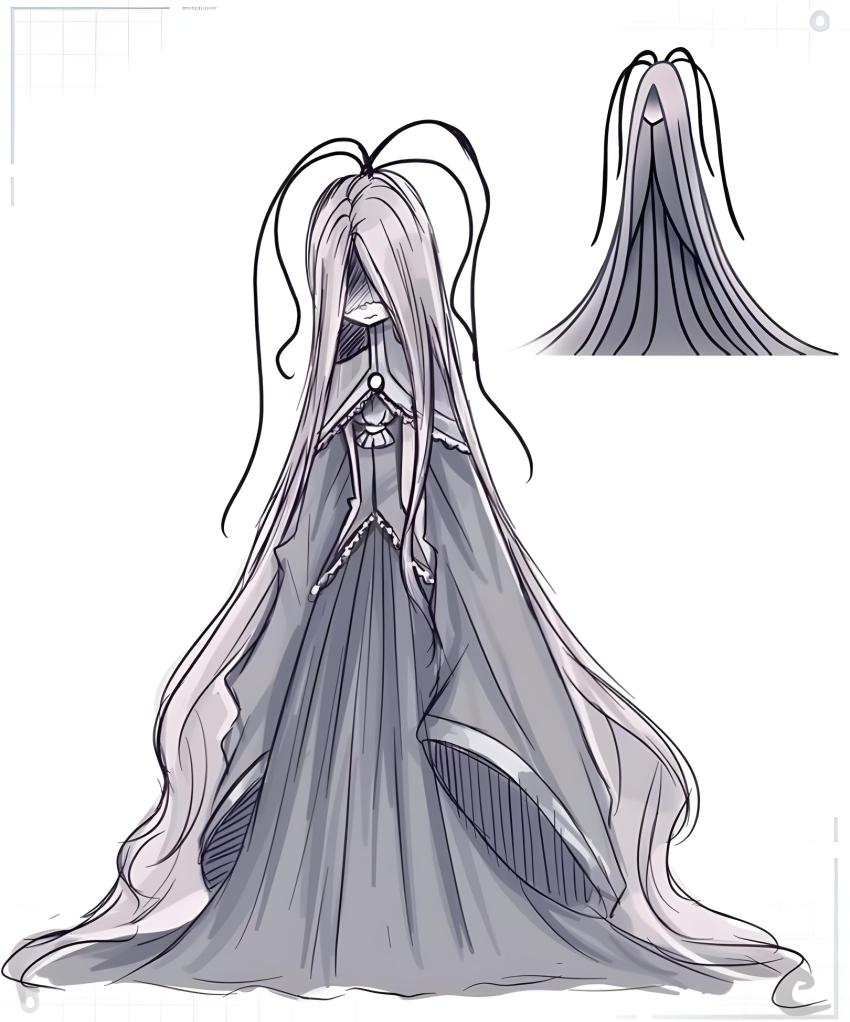 1girl, absurdres, dress, highres, hollow_eyes, hollow_knight, layer, long_hair