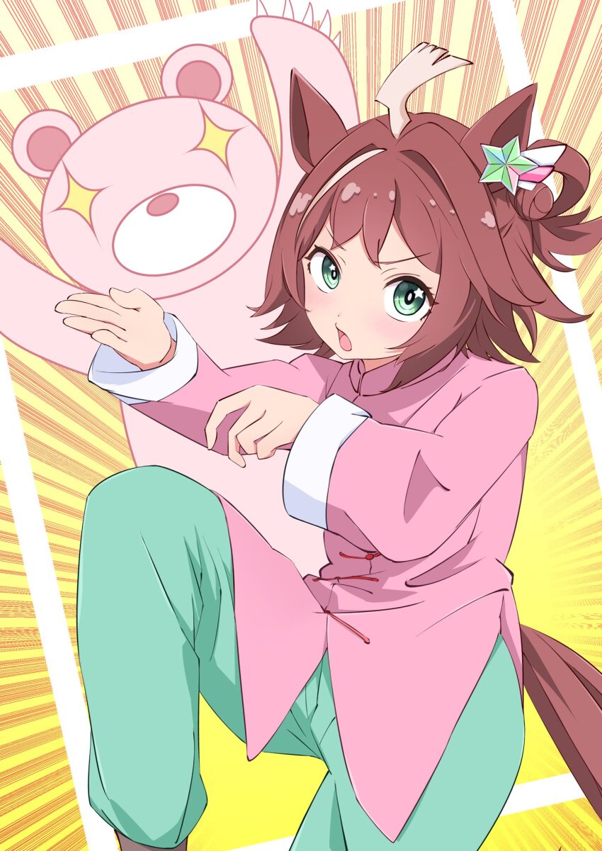 +_+, 1girl, ahoge, alternate_costume, animal_ears, bear, blush, breasts