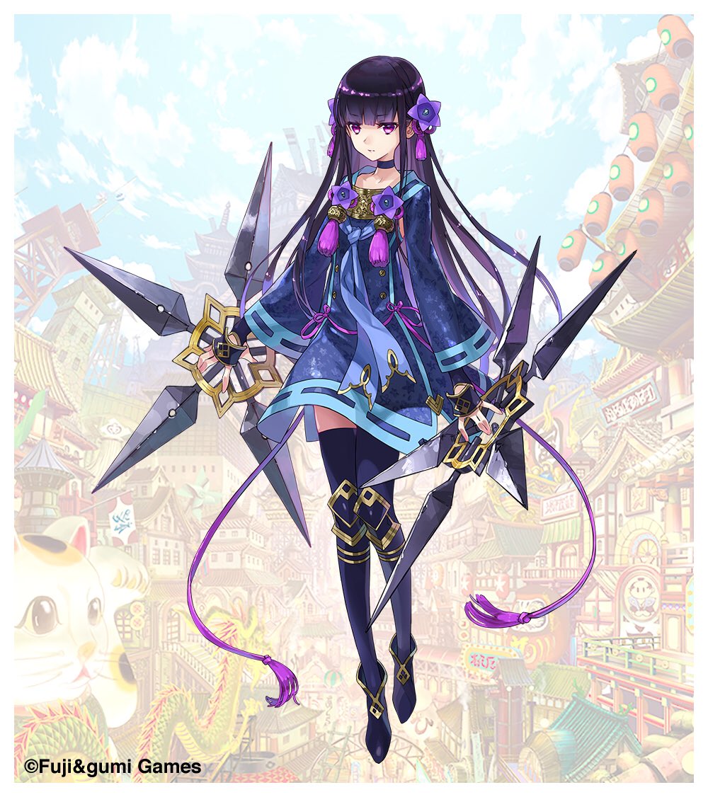 1girl, blue_dress, blue_footwear, blue_thighhighs, blunt_bangs, closed_mouth, da-kuro, dress