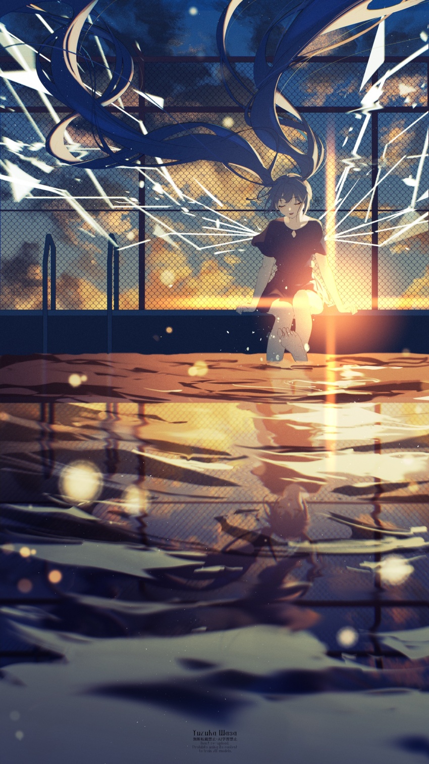 1girl, absurdres, aqua_hair, black_dress, chain-link_fence, closed_eyes, dawn, dress